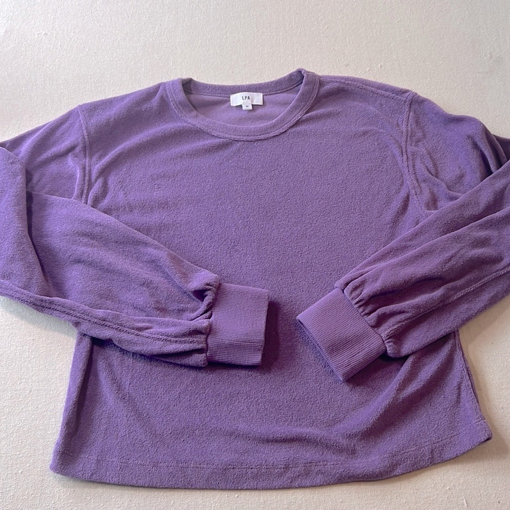 LPA Purple Terry Cloth Lounge Set Long Sleeve Top and Shorts Womens Size Medium